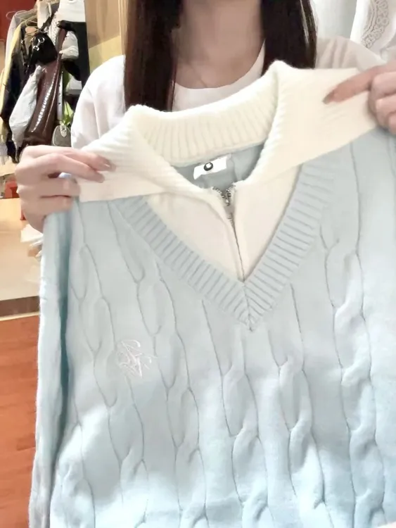 韩系baby蓝色假两件毛衣女秋冬季慵懒风宽松软糯翻领套头针织上衣