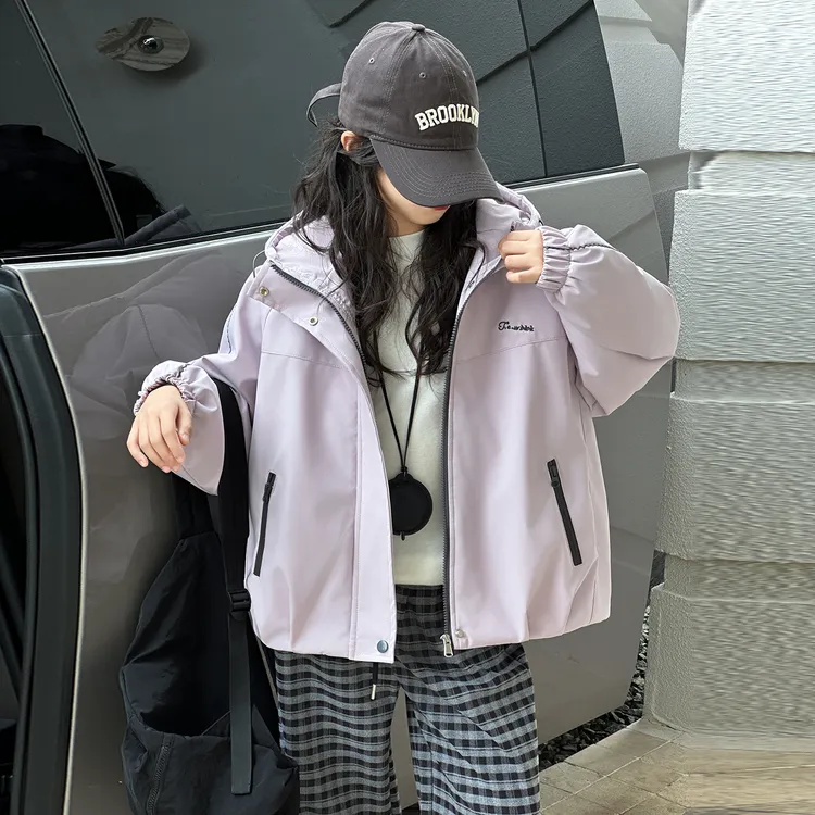 女童冲锋衣秋季2025新款韩版连帽拼色中大童儿童夹棉外套秋冬装潮