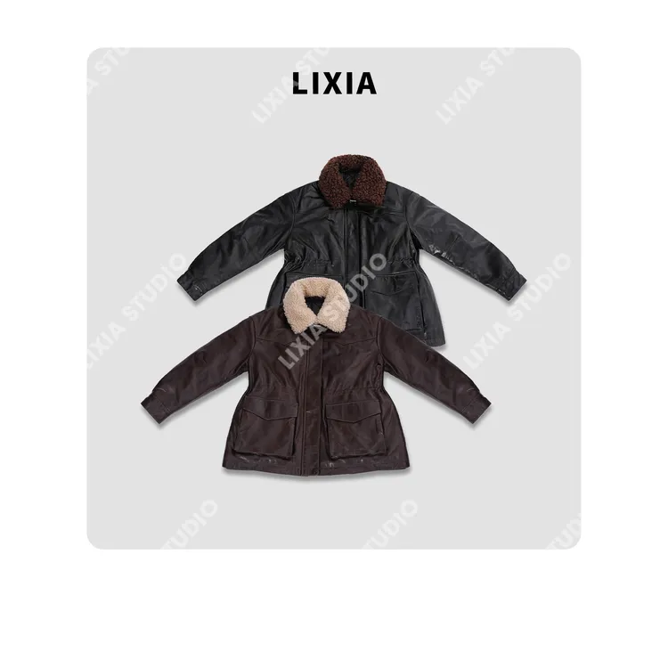 LIXIA【齐柏林】复古欧美风美丽奴毛领油蜡绵羊皮白鹅绒皮衣-D9932