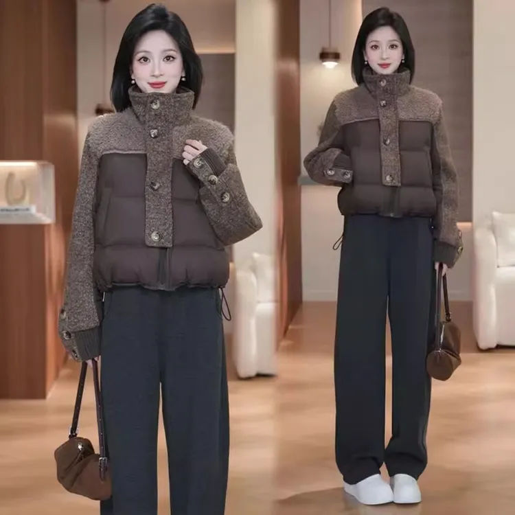 羊羔毛拼接棉服女短款冬季新款小个子显瘦加厚立领面包服棉袄外套