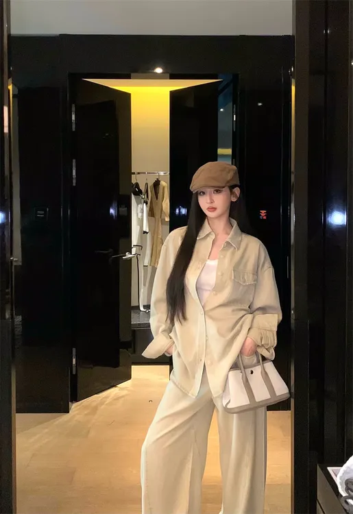 美式复古气质宽松慵懒牛仔衬衣长裤套装#66492