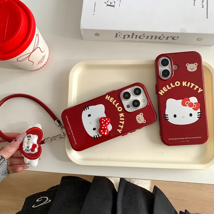 红色Kitty波点立体蝴蝶结适用苹果16promax双层15Pro女款保护套
