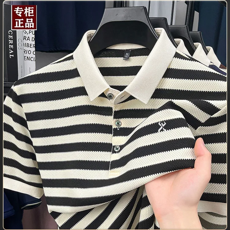 劲霸世家夏季男士菠萝纹条纹POLO衫时尚休闲高级感百搭短袖T恤潮