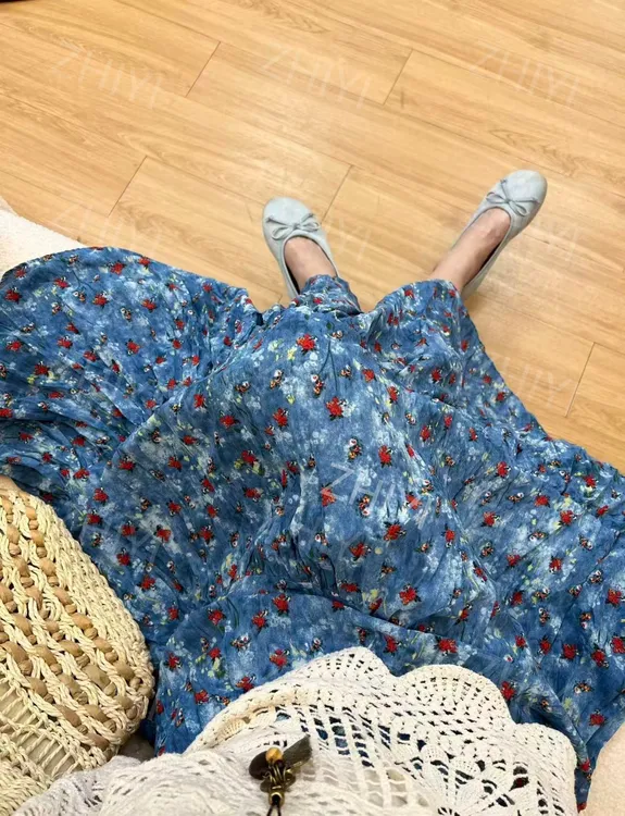 法式气质蓝色碎花a字半身长裙2025秋季新款绝美百搭大摆中长裙