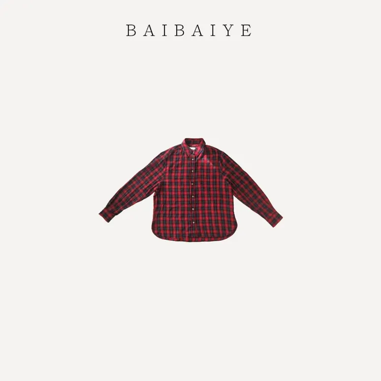 红色格纹翻领单排扣长袖衬衫【BAIBAIYE】Z25FF266