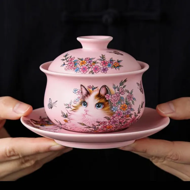 YP93-粉色彩绘波斯猫三才盖碗