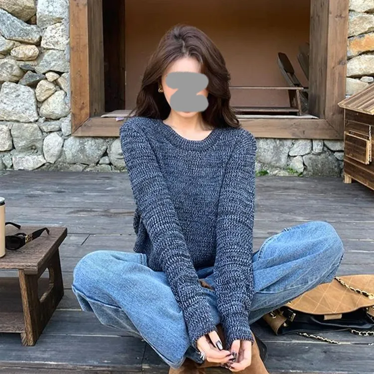 秋季花灰色套头针织衫女短款外穿2025新款慵懒chic毛衣巨好看上衣