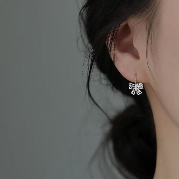 足银耳饰 999纯银镂空蝴蝶结耳钉气质小众甜美耳挂女ins耳环百搭