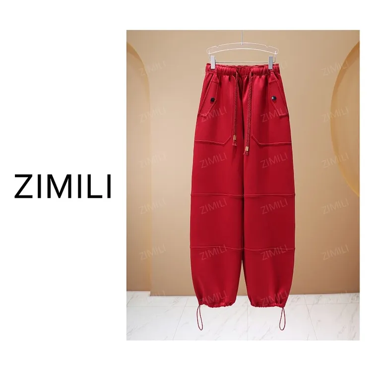 【亮哥女装】2025秋冬新品《胭脂红》深红色撞色外包线工装裤5290-P2