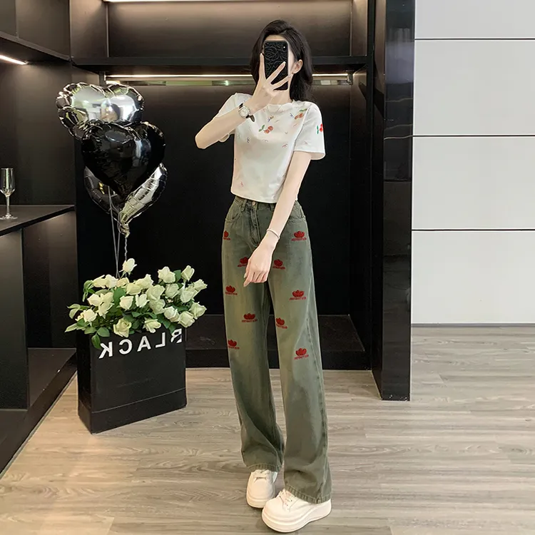 美式印花T恤套装女装夏季设计感小众宽松直筒休闲牛仔阔腿裤显瘦