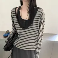 灰灰呀！58213 韩版 撞色条纹假两件针织两件套套装