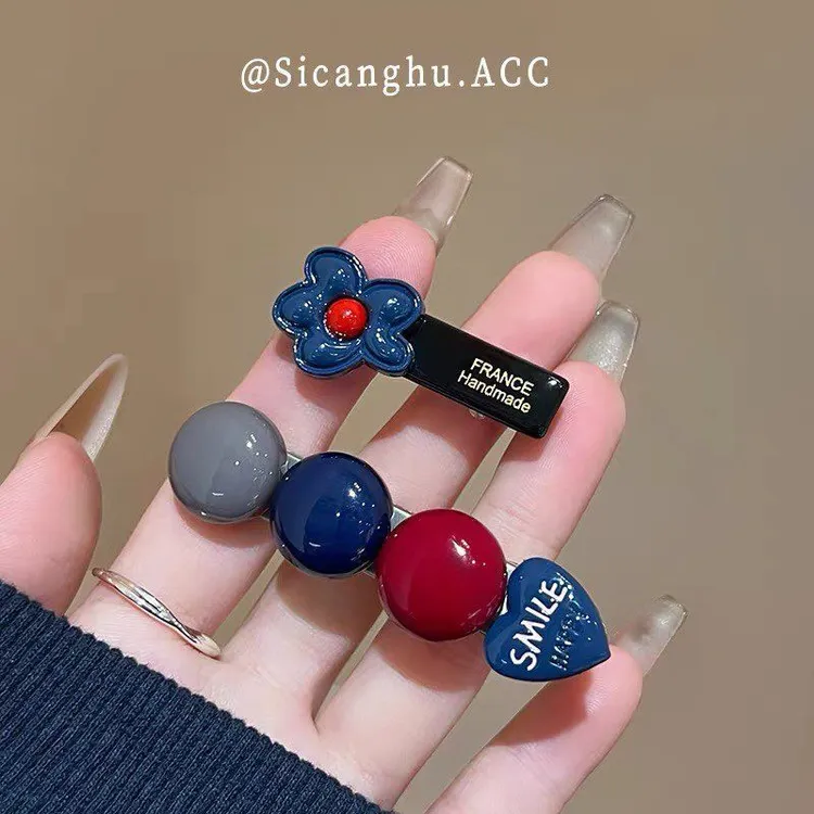 花朝月夕~甜美红蓝撞色花朵发夹女前额碎发侧边夹精致发卡刘海夹