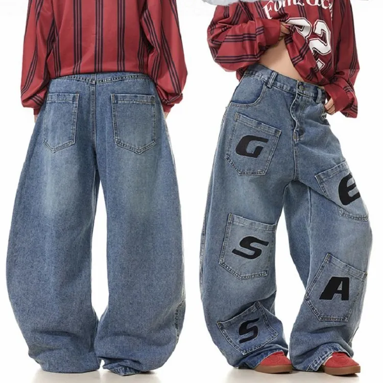 美式复古多口袋牛仔裤男女秋季新款宽松百搭休闲显瘦松弛阔腿长裤