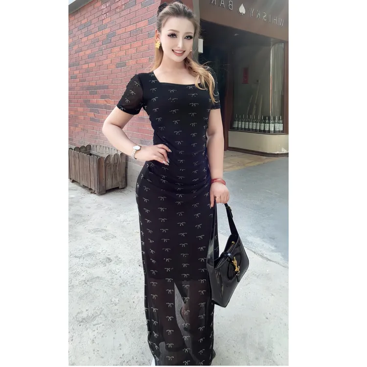 9801新款时尚夏季方网纱领烫钻气质女装连衣裙