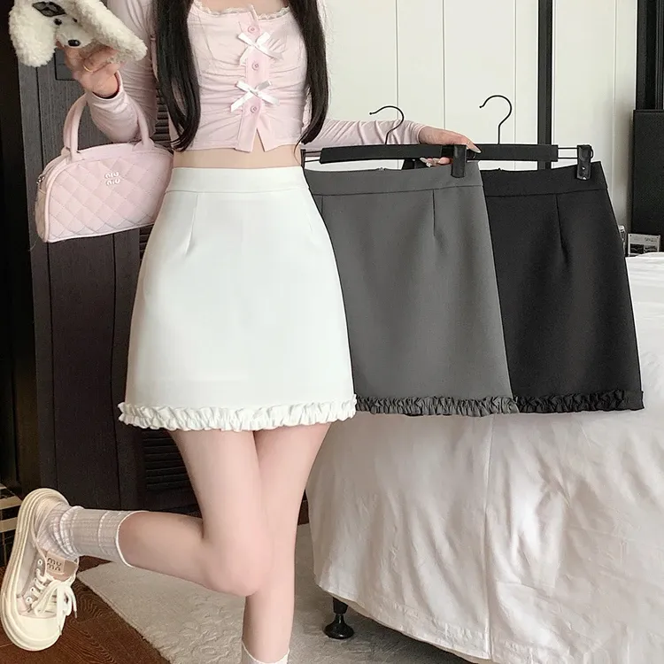 荷叶边拼接西装半身裙女秋季新款高腰藏肉显瘦气质包臀a字裙短裙