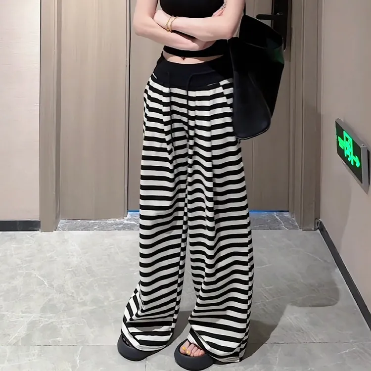 【CCDZ】夏季新品时尚百搭显瘦高腰条纹休闲裤阔腿裤女