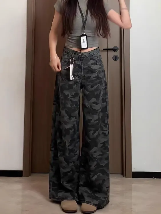 迷彩裤女款夏大码胖mm显瘦裤子高腰宽松阔腿牛仔裤2025新款直筒裤