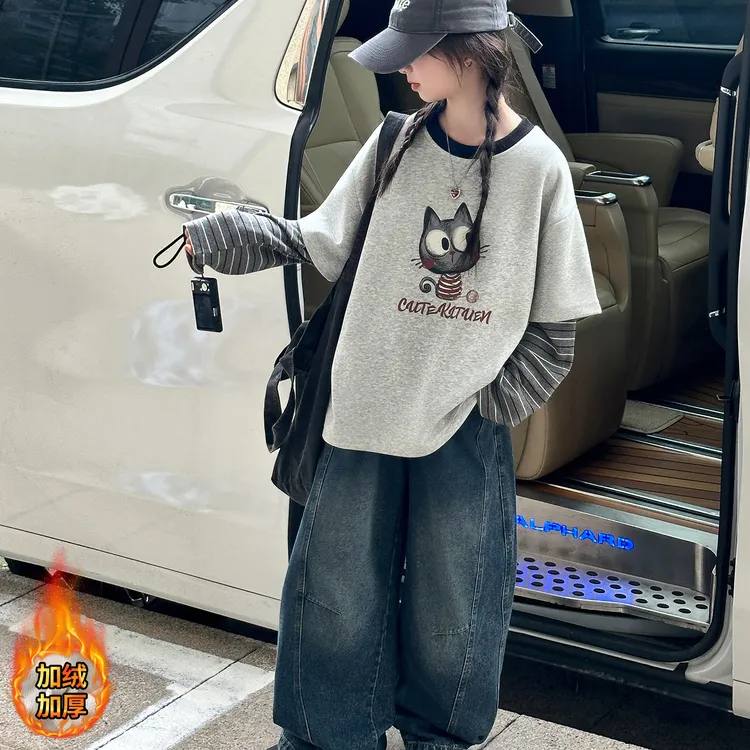 女大童加绒卫衣套装一体绒秋冬潮范上衣牛仔裤炸街洋气休闲两件套