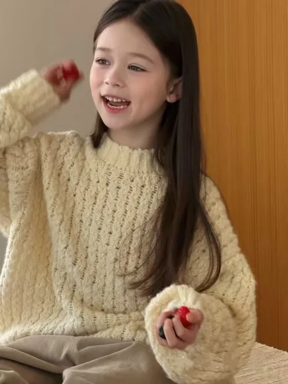 秋冬双股山羊绒套头奶油杏宽松慵懒风色针织衫