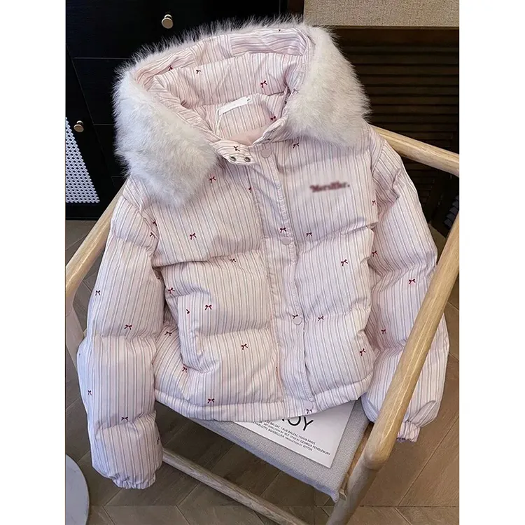 学院风甜美蝴蝶结印花连帽棉服外套女冬季新款韩版气质保暖面包服