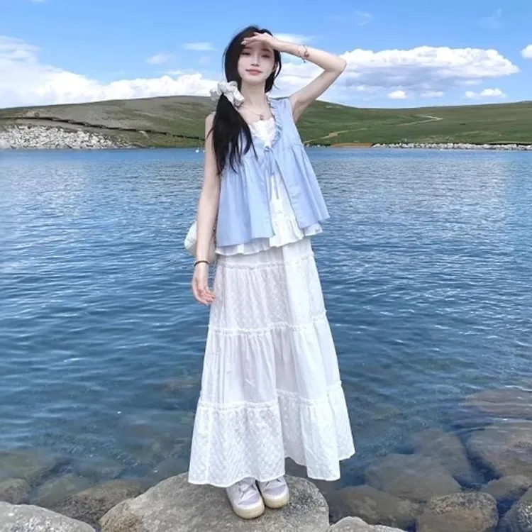 夏季baby浅奶蓝色娃娃衫上衣女设计感假两件木耳边甜美风无袖衬衫