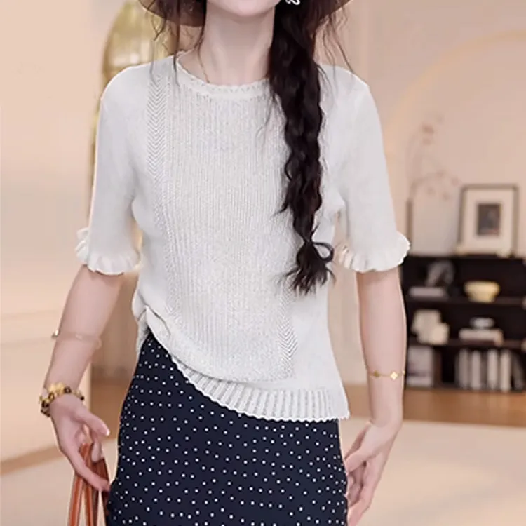 时尚圆领花边袖短袖T恤女夏季新款气质洋气休闲百搭显瘦上衣小衫