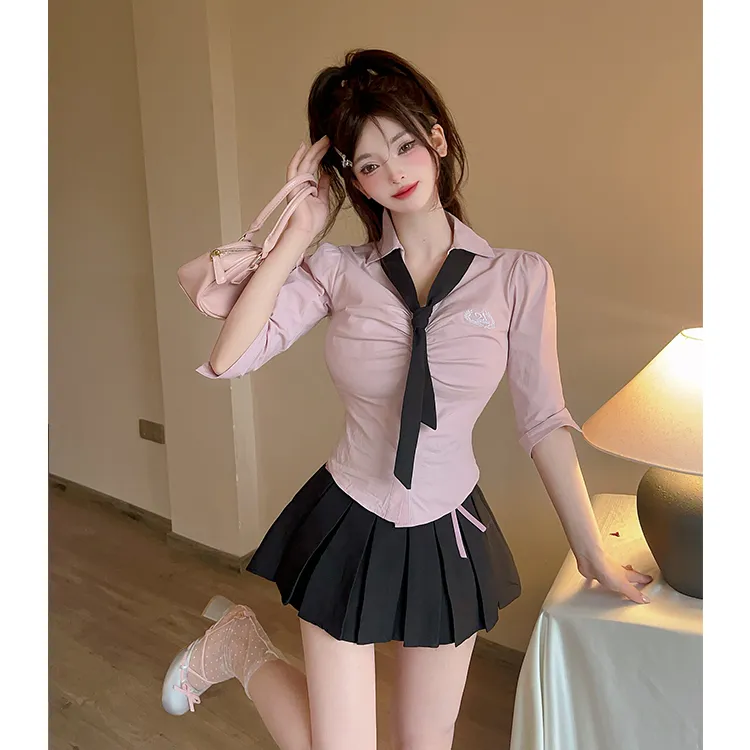 气质时尚jk制服套装女夏季韩式学院风中袖衬衫纯欲半身裙子两件套