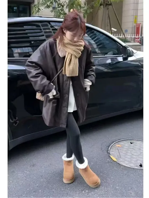 复古皮衣女款2025秋冬新款加绒厚韩版宽松休闲保暖中长款外套
