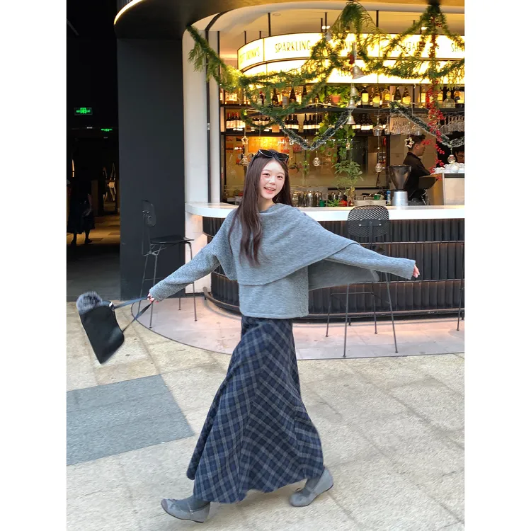 切糕自制【格兰系列】小个子秋冬高腰百搭显瘦磨毛格纹微鱼尾半身裙