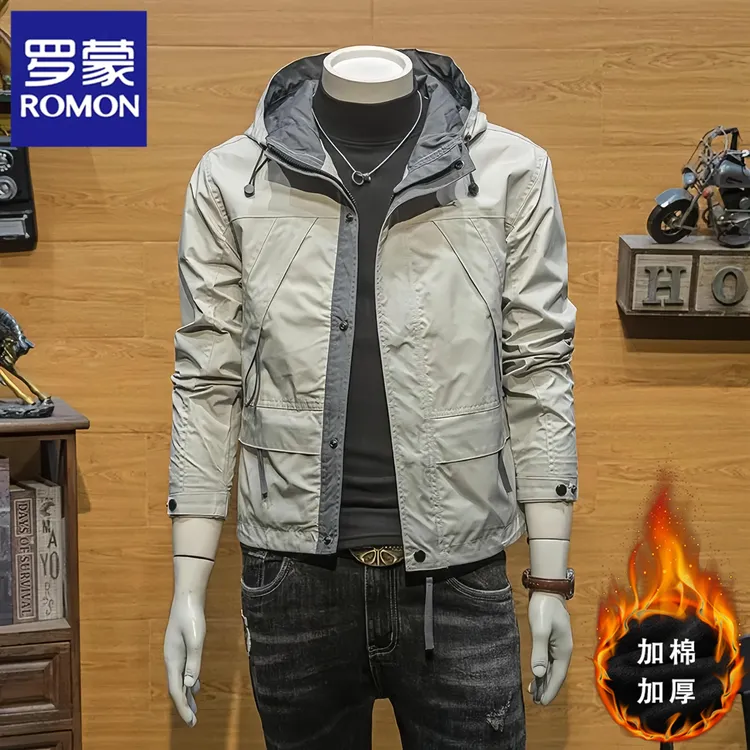 Romon/罗蒙连帽外套男士韩版潮流春秋季新款工装冲锋衣休闲夹克潮