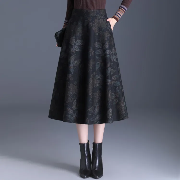 印花毛呢半身裙女2025秋冬新款高腰百褶裙中长款高腰A字遮跨伞裙