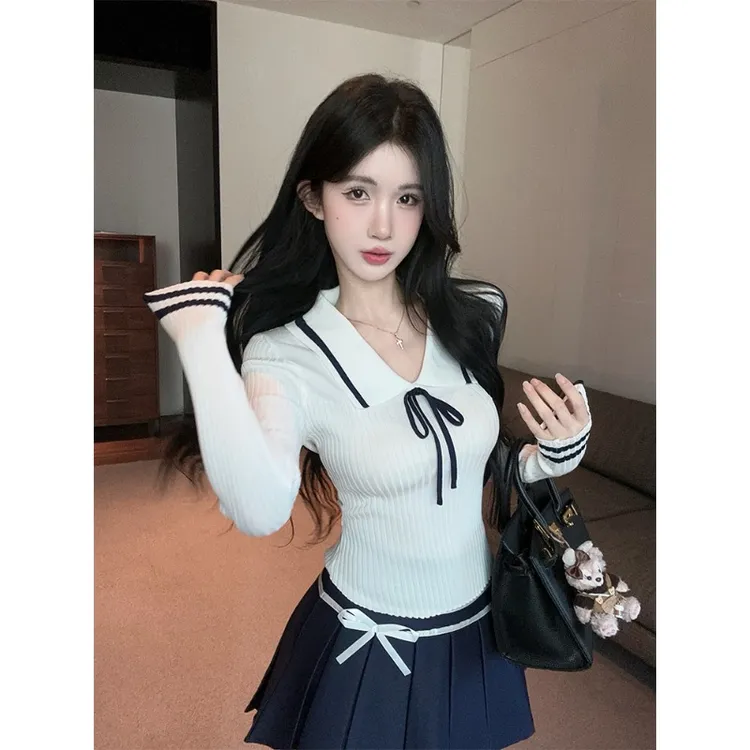 学院风娃娃领针织衫女秋冬洋气减龄上衣打底衫内搭毛衣jk制服套装