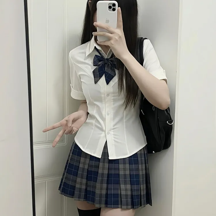 山茶与书原创设计春夏学院风修身显瘦V字辣妹长短袖jk收腰白衬衫