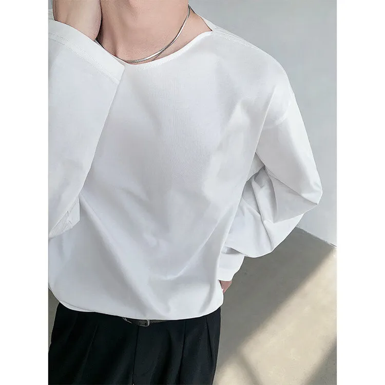 春夏高级感一字领纯色T恤男长袖设计感韩版极简风百搭禁欲打底衫