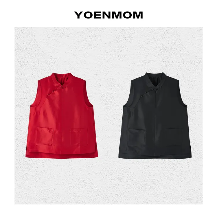 YOENMOM·红妆阁·100双宫桑蚕丝chao显白显气色斜襟立领无袖上衣
