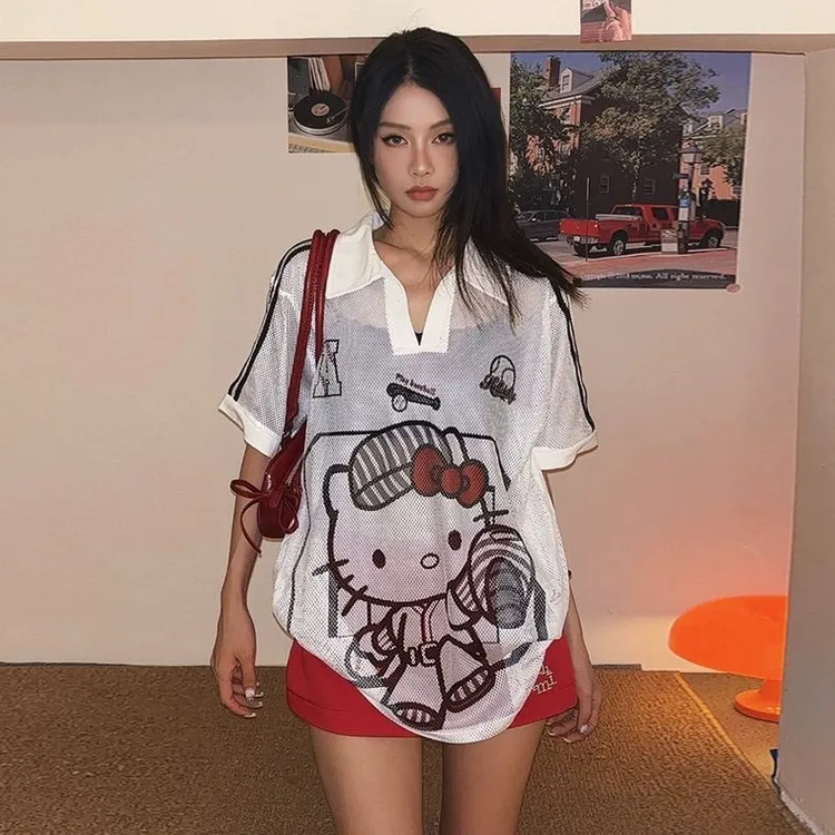 透视风美式凉感镂空网眼凯迪猫运动风polo短袖T恤女夏季宽松上衣