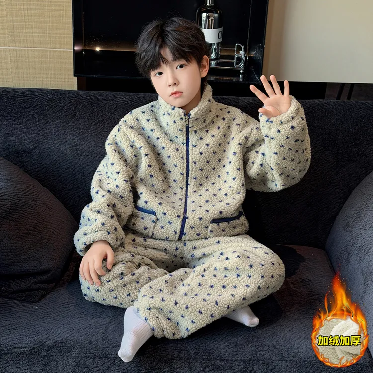 男童加绒加厚家居服套装新款儿童法兰绒睡衣冬季保暖中大童可外穿