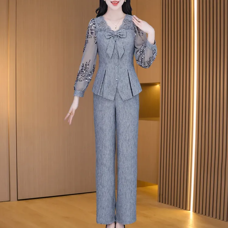 显瘦灰色蝴蝶结上衣阔腿裤套装女春季小个子妈妈气质时尚洋气百搭