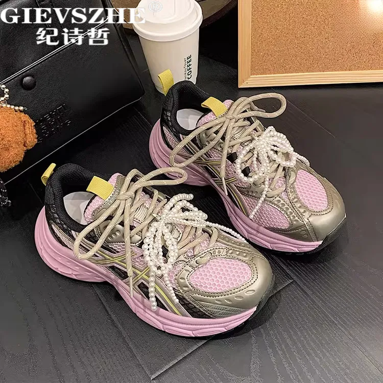 纪诗哲女鞋珍珠蝴蝶结拼色老爹鞋女新款百搭厚底内增高网面休闲鞋
