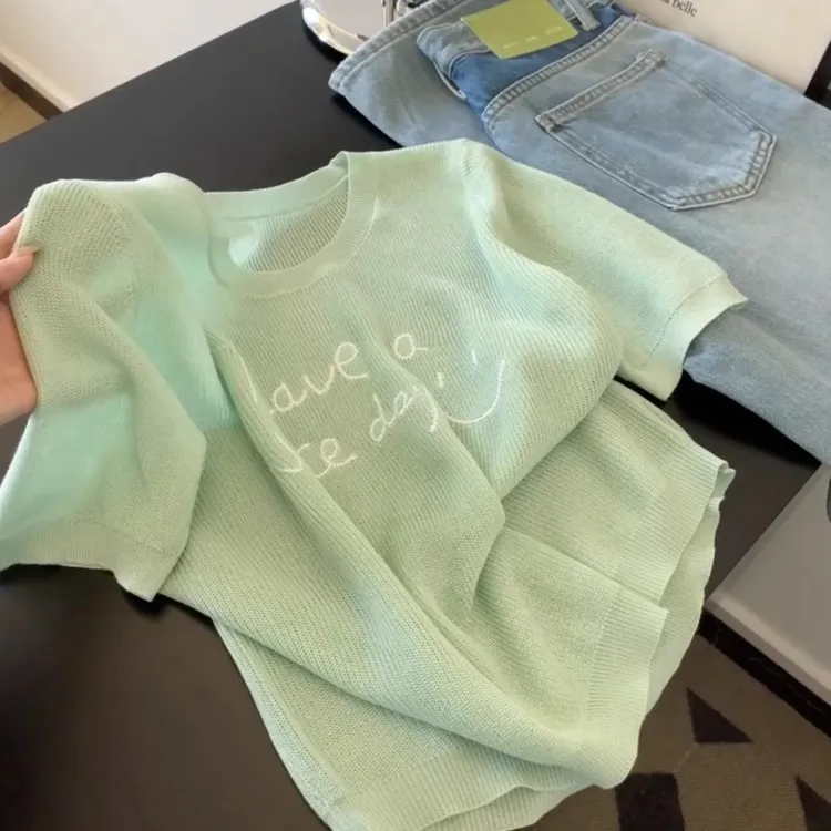 AMI.FS 2025夏季新款韩系时尚薄款超好看冰丝针织短袖T恤上衣女