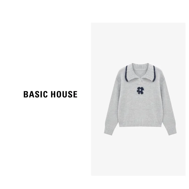 Basic House/百家好百搭老钱风时尚百搭宽松翻领毛衣-B0625B5OTA2