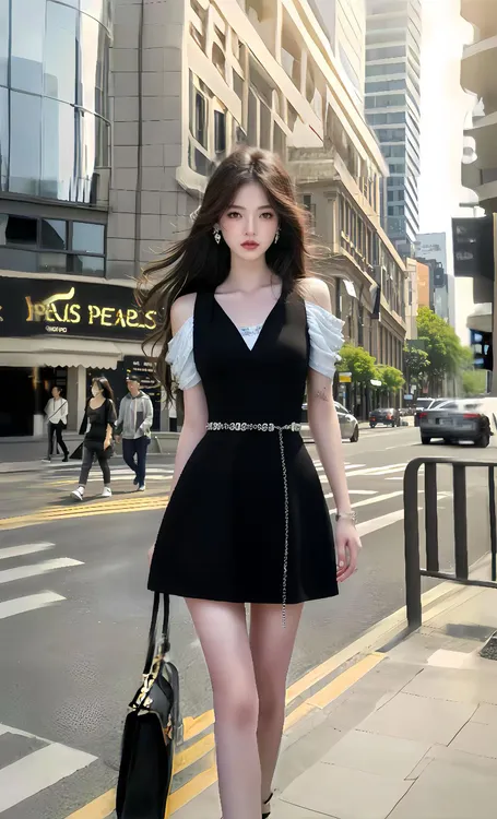 新款轻奢优雅黑色V领短袖露肩收腰连衣裙女小众设计时尚高级显瘦