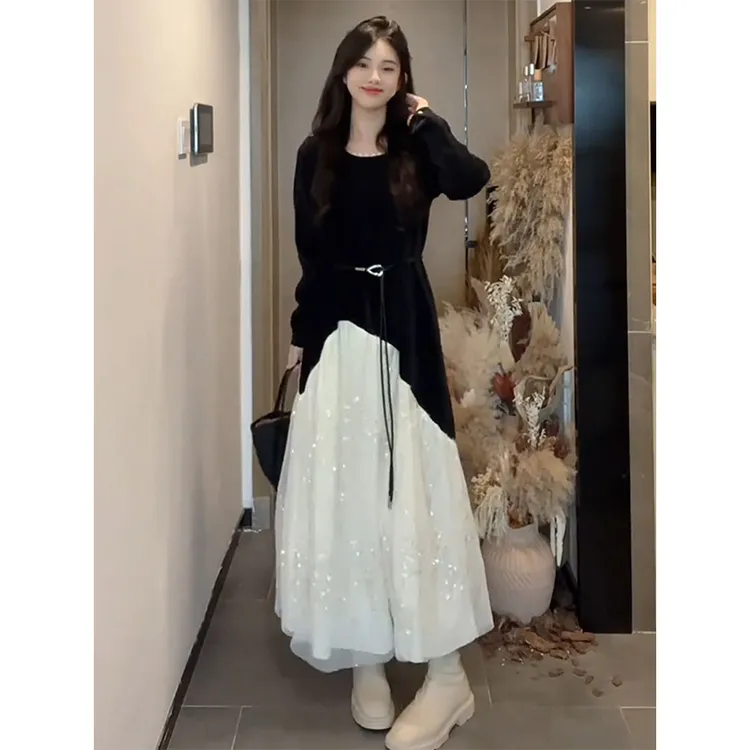 欧若风假两件气质连衣裙女春秋2025新款时尚收腰显瘦上衣过膝长裙