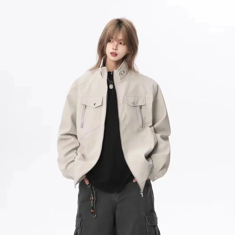 WIND BLOES2025短款春装立领散口袖中性百搭PU皮夹克时尚潮流设计