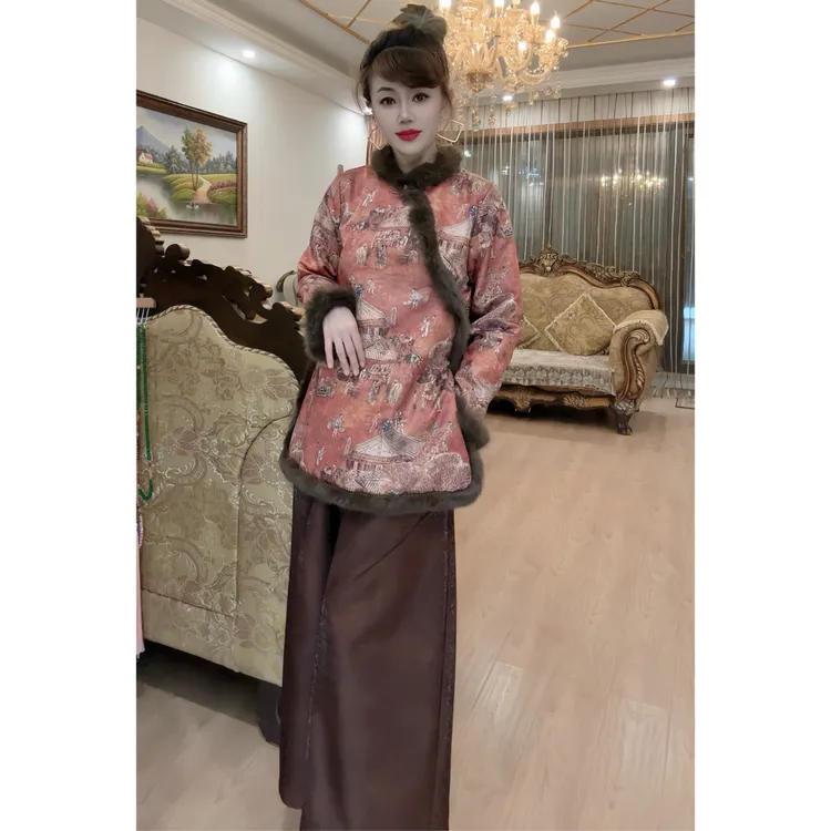 ［清明上河图系列—太太服］冬季新款新中式加棉加厚提花兔毛太太服