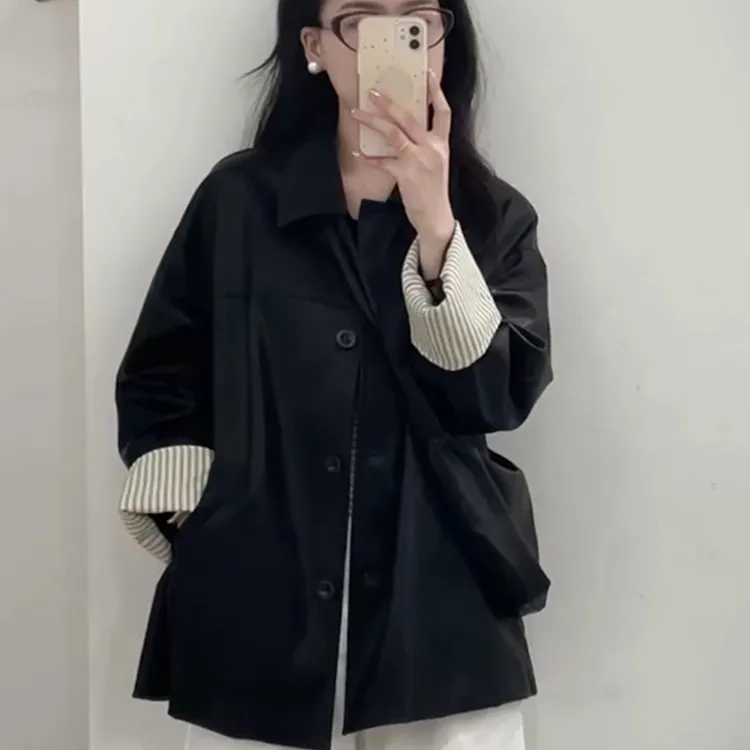 宽松型日式立领春季秋季方领皮衣黑色中长款外套设计感气质韩版