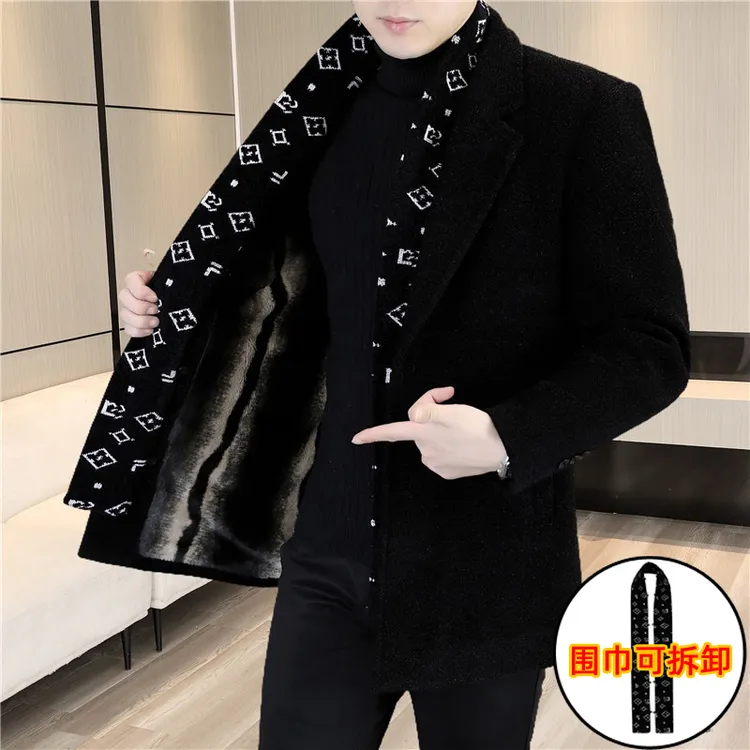 2025新款【围巾脱卸】毛呢大衣男中长款休闲加绒加厚外套西装领风衣