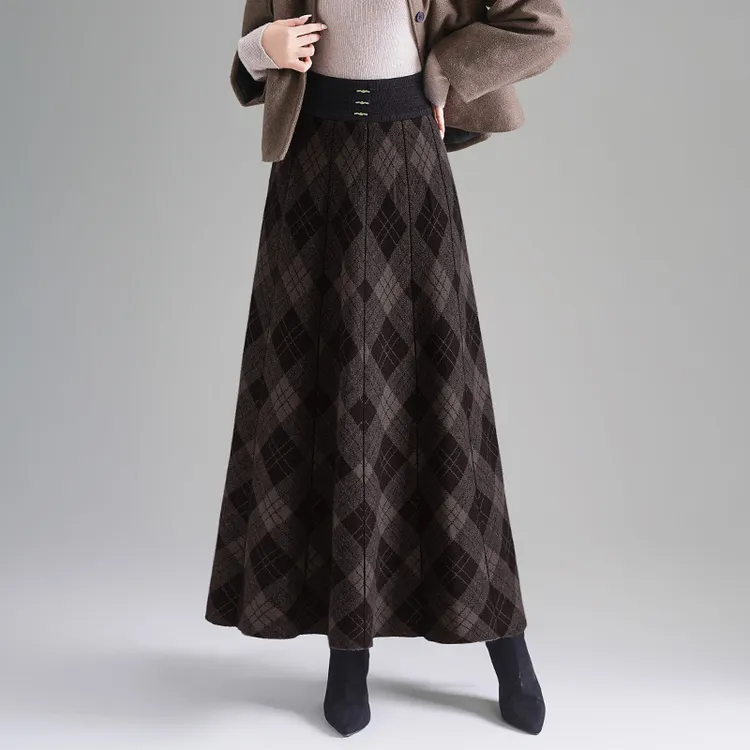 针织毛线裙半身裙女2025冬季新款高腰显瘦大摆格纹长裙加厚a字裙