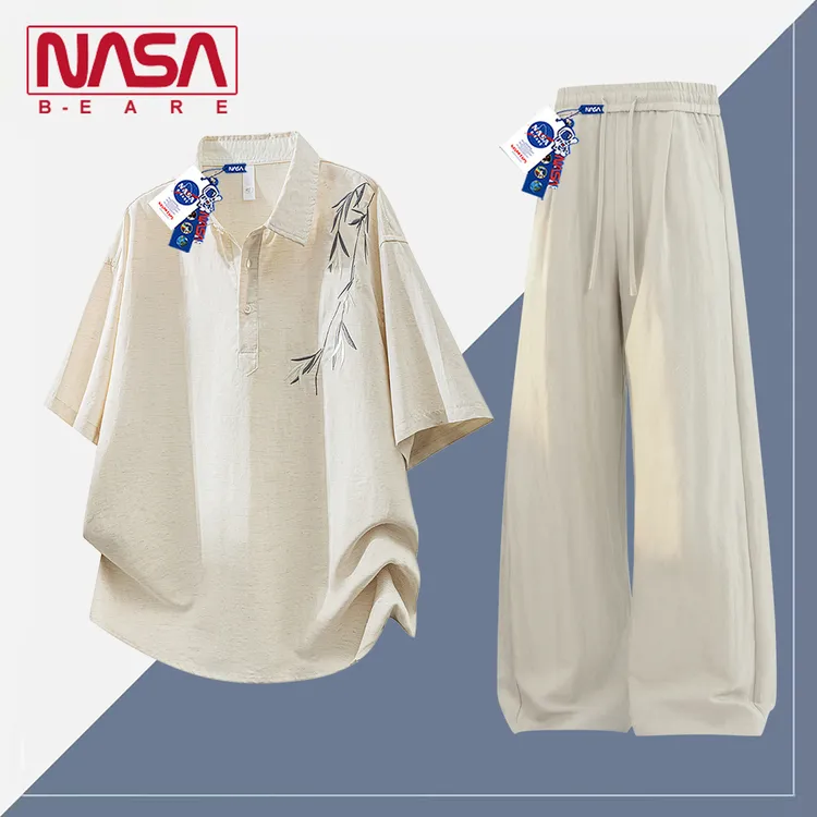 NASA联名新中式刺绣亚麻短袖套装男夏季冰丝透气polo衫长裤一整套