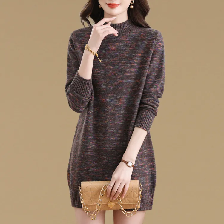 秋冬季洋气大码宽松半高领毛衣裙女套头中长款内搭加厚针织打底衫